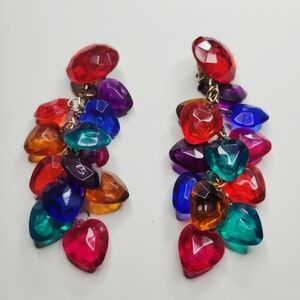 Vintage Clip On Earrings With Acrylic Heart Beads Red Blue Purple Green Orange